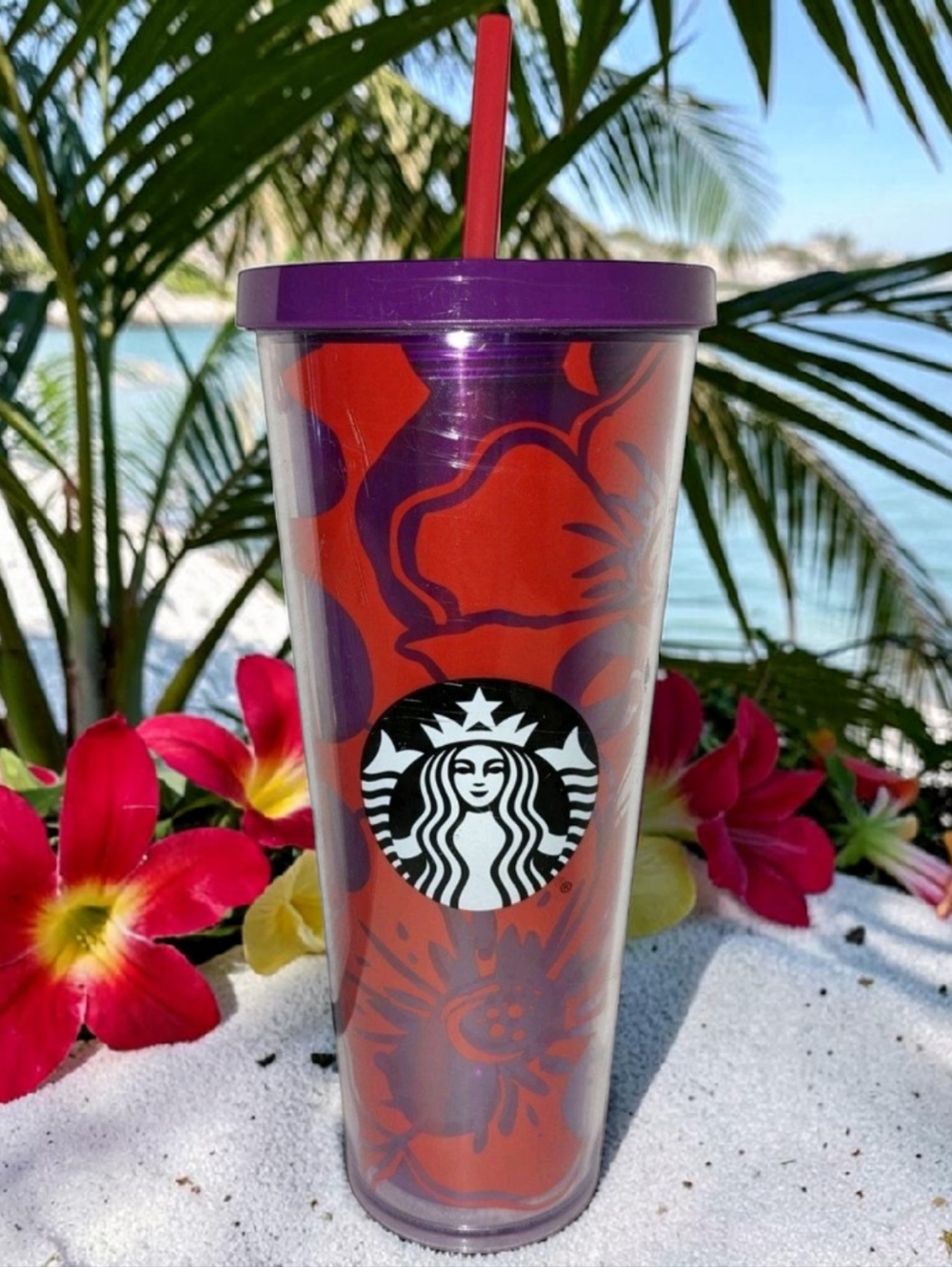 STARBUCKS Tumbler Hibiscus Red Purple 24 oz Venti Cold Cup with Straw 2014